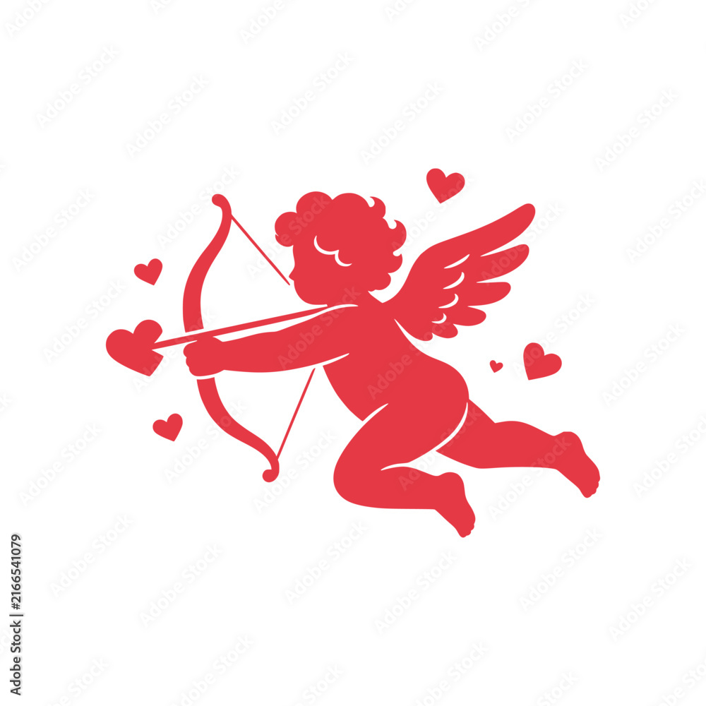 Fototapeta premium Romantic Cupid vector illustration featuring a charming winged character holding a bow and heart-tipped arrow in a clean minimalist style. Perfect for Valentine’s Day, love, romance, weddings, anniver