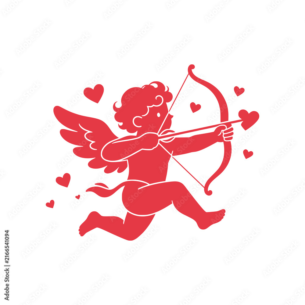 Fototapeta premium Romantic Cupid vector illustration featuring a charming winged character holding a bow and heart-tipped arrow in a clean minimalist style. Perfect for Valentine’s Day, love, romance, weddings, anniver