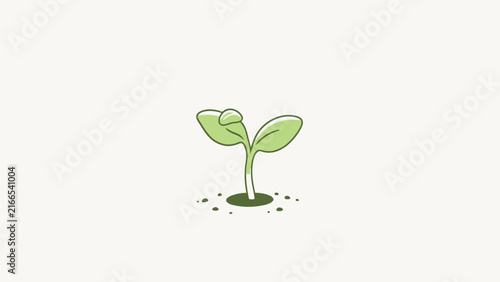 Cute cartoon seedling sprouting with two leaves and a seed on top, green stem in soil, simple vector art
