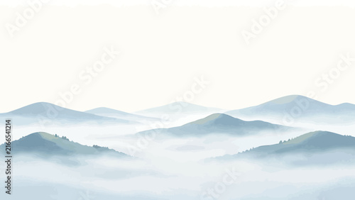 Ethereal misty mountain landscape with rolling hills in soft blues and whites, serene watercolor style