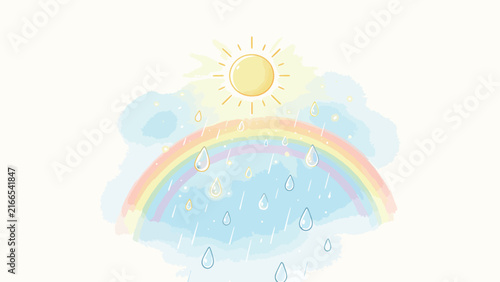 Bright sun shining over colorful rainbow with falling raindrops and sparkling light effects