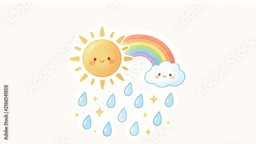 Kawaii Sunny Day with Smiling Sun and Clouds, Rainbow, Raindrops and Sparkles Illustration