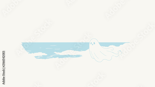 Cute cartoon ghost floating over sandy beach near calm blue ocean waves with soft pastel colors