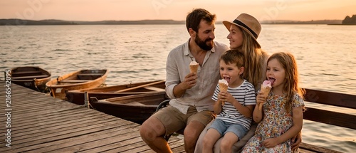 Happy Family of Four Enjoying Ice Cream on a Wooden Dock at Sunset by a Calm Lake — A smiling family—father with a beard in a light button-up shirt and khaki shorts, mother in a floral dress and a str