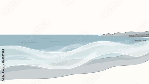 Serene minimalist seascape with soft blue waves, distant gray mountains and calm horizon in pastel tones