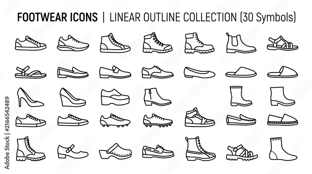 Obraz premium Footwear icons collection, 30 linear outline symbols of shoes and boots. Minimalist shoe vector set for fashion retail and e-commerce apps.