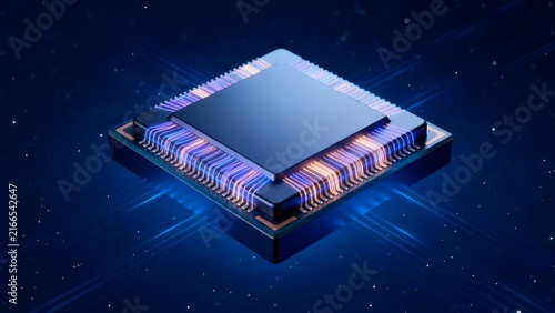 High-tech microchip with glowing circuit connections against starry blue background