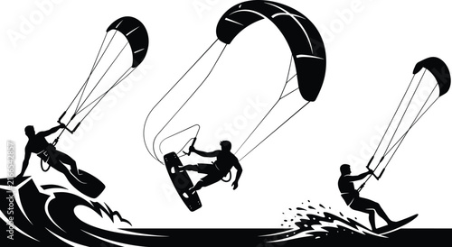 Extreme Kitesurfing Silhouette Icon Set with Kiteboarders Riding Waves Catching Big Air and Surfing Ocean Waters for Adventure Water Sports Vector Designs