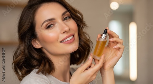 Obraz na płótnie Woman holding bottle of cosmetic serum with soft focus background