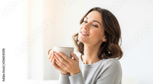 Obraz w ramie Woman enjoying a warm beverage in natural light indoors against white backdrop