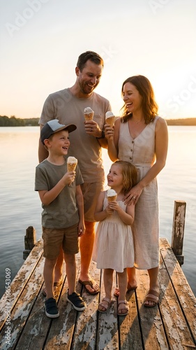 Joyful Family of Four Sharing Ice Cream on a Weathered Wooden Dock at Golden Hour by a Serene Lake — A happy family—father in a casual beige t‑shirt and shorts, mother in a light linen dress, young so