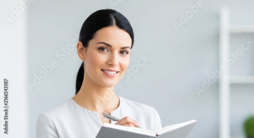 Obraz w ramie Woman writing in notebook smiling indoors natural light professional concept