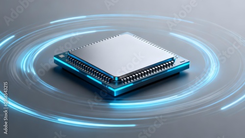 Modern microprocessor chip with glowing blue energy rings on metallic surface