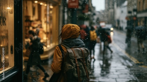Back view of a traveller standing in a shop doorway as a sudden shower passes in soft cinematic light