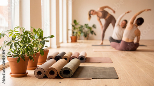 Colorful rolled yoga mats and potted plants are with students stretching in the background for National Yoga Awareness Month