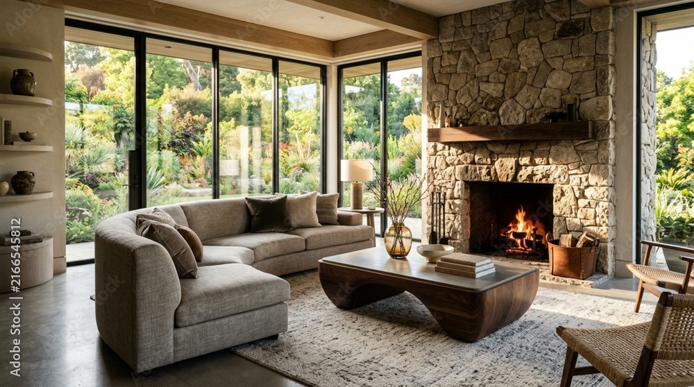 Fototapeta premium Cozy Modern Living Room with Stone Fireplace and Large Windows