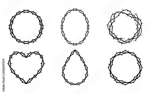 A collection of six distinct thorn covered circular and shaped frames presented in black and white evoking a sense of dark elegance and potentially hinting