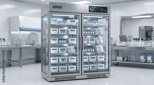 Professional medical refrigerator with glass doors containing pharmaceutical supplies in a modern sterile clinical laboratory environment