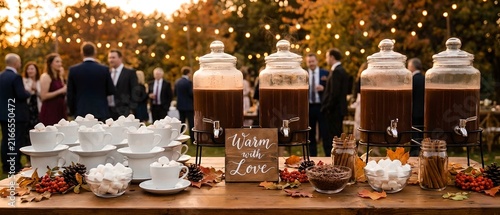 Rustic Autumn Wedding Hot Chocolate Bar with Glass Beverage Dispensers and Seasonal Decor — A cozy outdoor drink station features four large glass beverage dispensers filled with rich hot chocolate, e