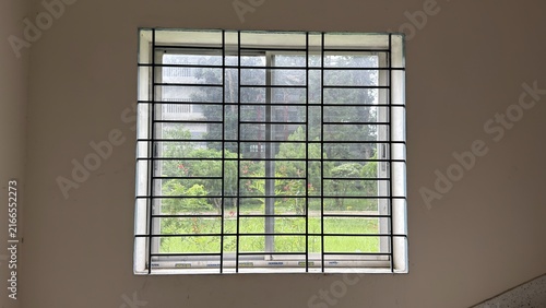 View through a barred window revealing lush green outdoor garden