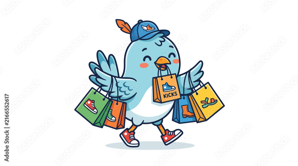 Naklejka premium Happy bird character wearing cap and shoes, carrying shopping bags with sneakers