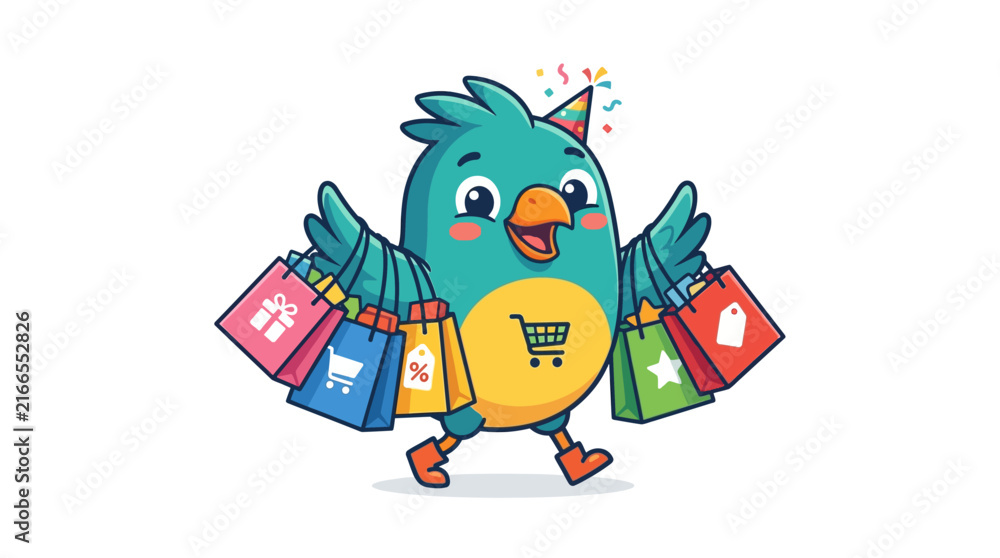 Fototapeta premium Happy cartoon bird with shopping bags, wearing party hat, celebrating sale