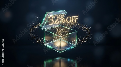 3D Glowing Gift Box Opening with 32 Percent Off Discount Text for E-commerce Sale Promotion
