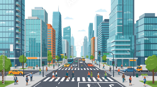 Cityscape with Busy Street, Pedestrians, Cars and Tall Buildings