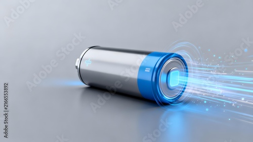 Cylindrical battery emitting blue energy beams showcasing power output with glowing effects