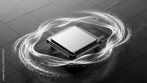 Modern microprocessor chip surrounded by glowing energy swirls on dark tiled surface