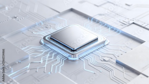 Close-up of a microprocessor on a circuit board with glowing blue data pathways