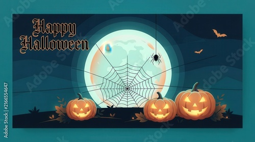 Happy Halloween banner with glowing carved pumpkins, full moon, bats and spiderweb.