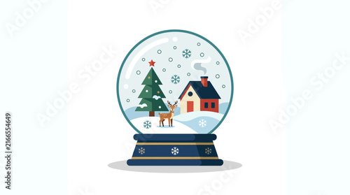 Winter snow globe scene with christmas tree and deer