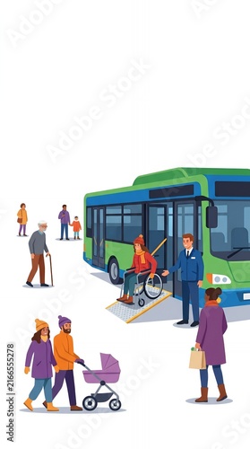 Accessible public bus with ramp for wheelchair users.
