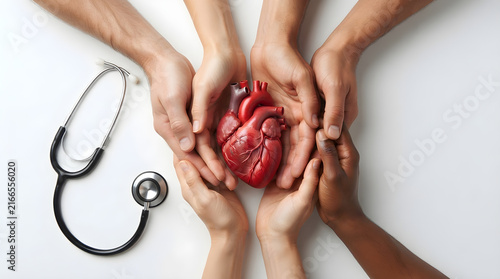 diverse hands protecting human heart with stethoscope