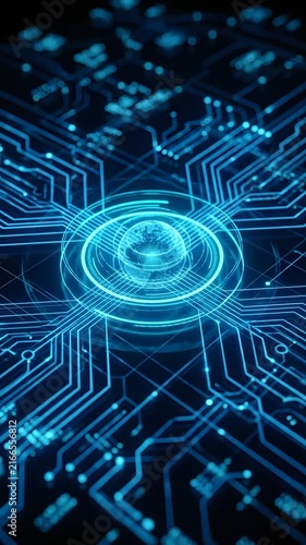 Futuristic cyberspace circuit board animation with glowing blue globe and data network