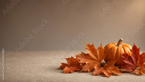 Elegant autumn still life with generous negative space on the left, a few richly textured maple leaves and a small pumpkin arranged on the right side of the frame, soft golden light