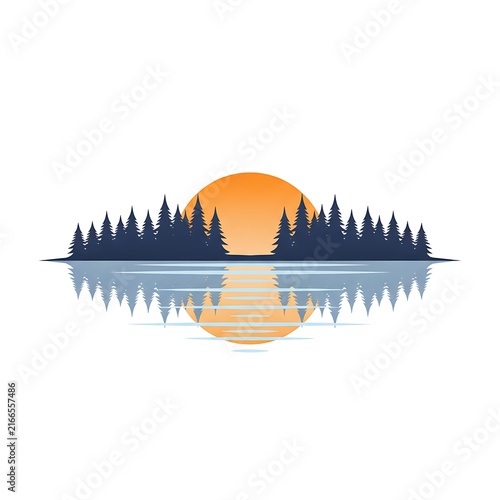 Minimalist forest sunset vector illustration with symmetrical water reflection on white background