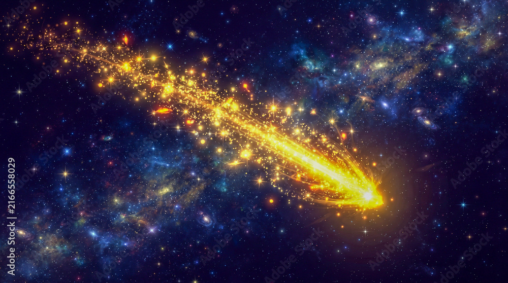 Obraz premium Brillante estrella fugaz dorada atravesando el cosmos con una estela resplandeciente de partículas, rodeada de galaxias, nebulosas y constelaciones.