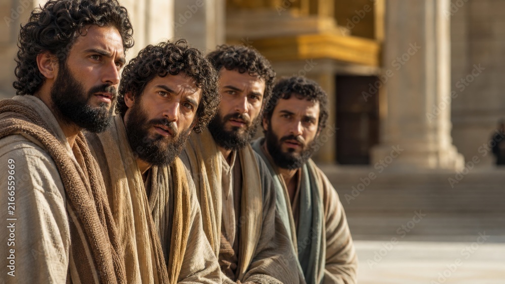 Obraz premium Four bearded men in ancient robes listening attentively near a temple. Biblical disciples seeking wisdom and guidance during a teaching in Jerusalem. Religious history concept.