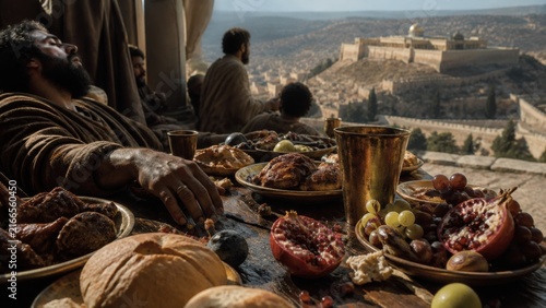 Ancient feast overlooking Jerusalem with men surrounded by abundant food and wine. Biblical scene symbolizing indulgence, worldly worries, temptation, and the warning to remain watchful and prayerful.