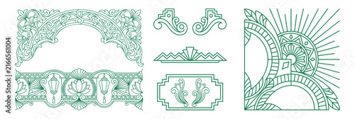 Vintage floral frame and art deco borders set green line vector illustration for design
