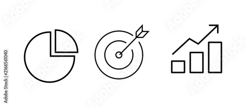 Business and marketing icon set including pie chart, target with arrow, and rising bar graph