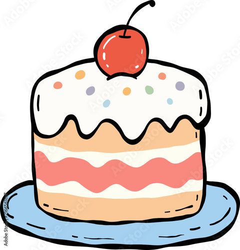 Cute Birthday Cake Clipart Stock Illustration. Hand-drawn layer cake with White Frosting, Sprinkles, and a Red Cherry on a blue plate. Isolated Dessert Graphic Element.
