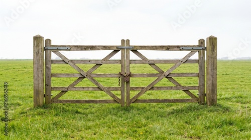 Padlocked Wooden Five Bar Gate Standing Alone In An Open Field as a Pointless Rule Metaphor