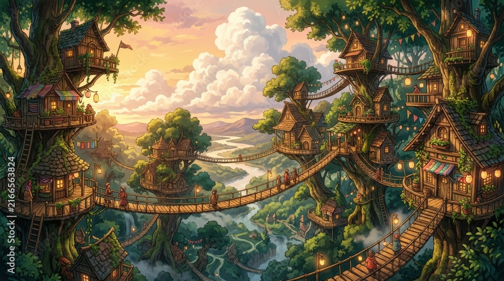 Fototapeta premium Fantasy treehouse village with wooden bridges connecting giant trees in a lush forest landscape.