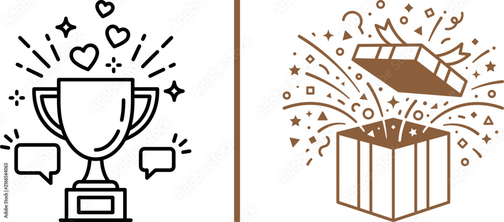 Naklejka premium Trophy cup icon with hearts and open gift box vector illustration with exploding confetti for celebration and reward
