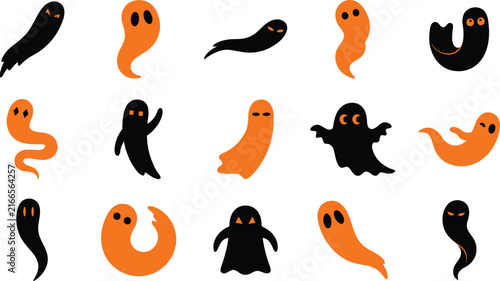 A collection of cute black and orange ghost stickers for a fun halloween special design project