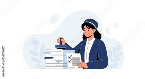 Woman stamping documents, approving paperwork and checking tasks with a stamp in a modern flat illustration style.