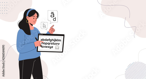Woman teaching alphabet and letters on tablet, vector illustration of education and language learning, modern design